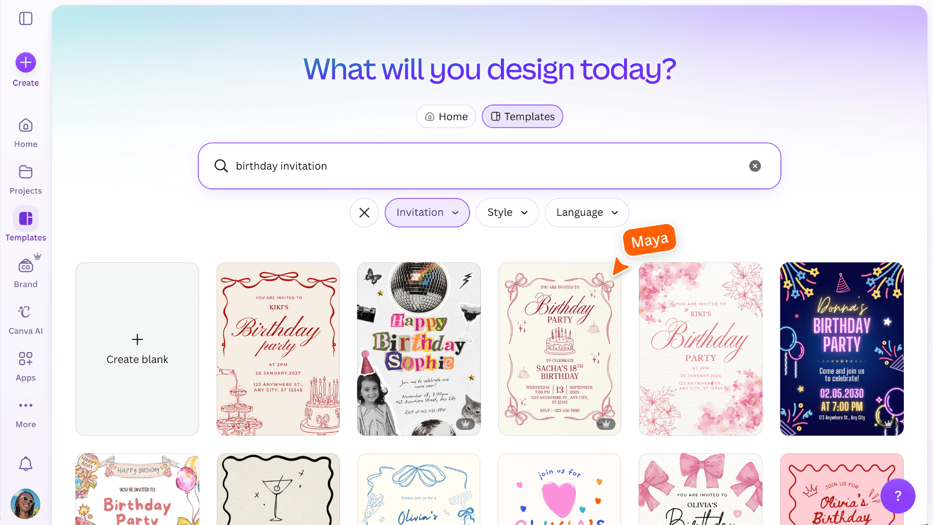 Canva template search results for a birthday invitation, with a Type filter selected to narrow results by design format.