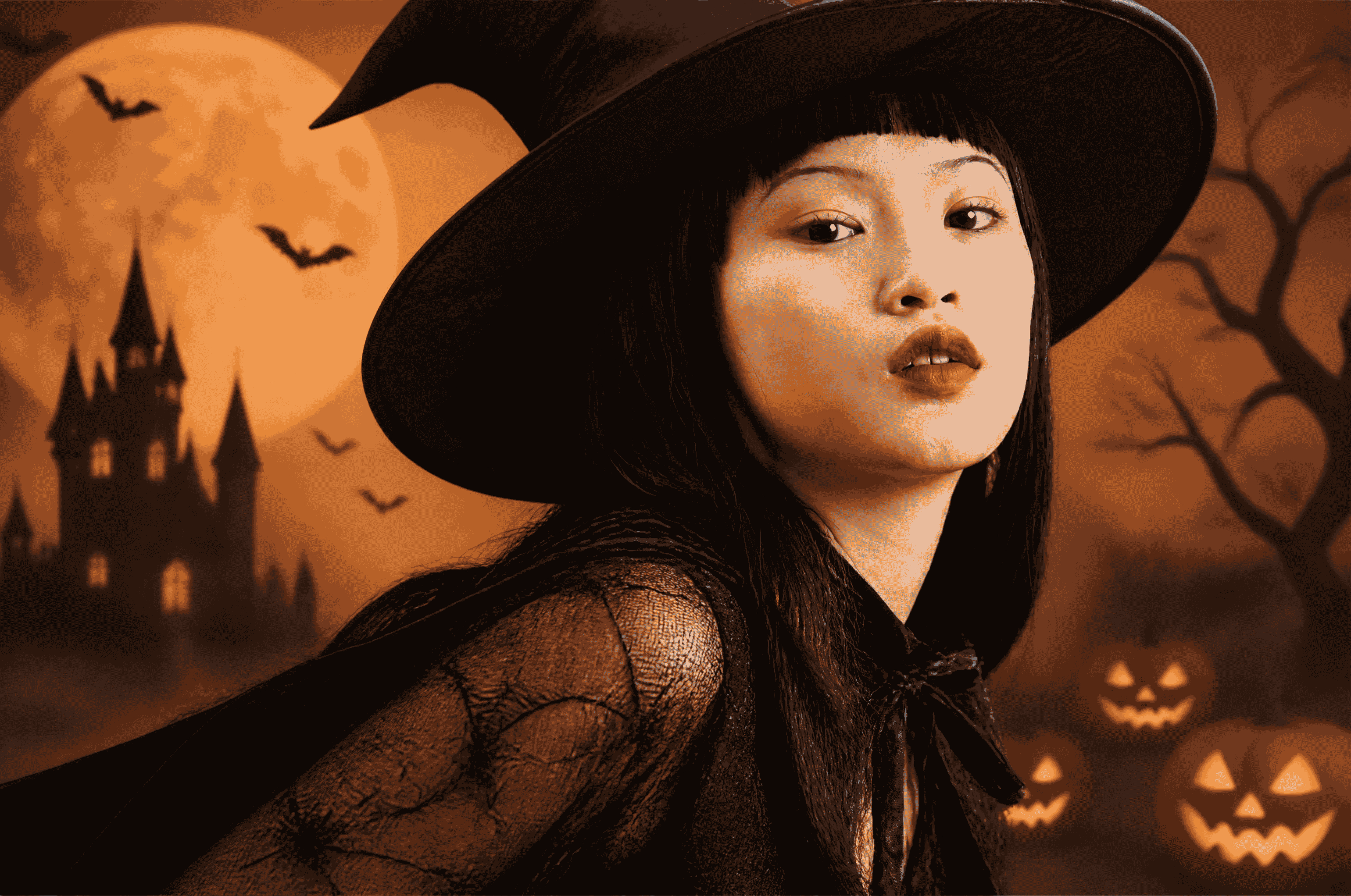 Portrait de femme avec filtre Halloween de sorcière après application du filtre photo Halloween Canva Portrait de femme avec filtre Halloween de sorcière après application du filtre photo Halloween Canva