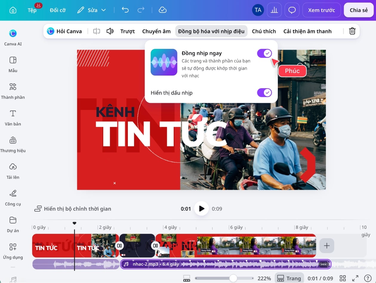 Canh cảnh theo nhịp trong trình chỉnh sửa video Canva