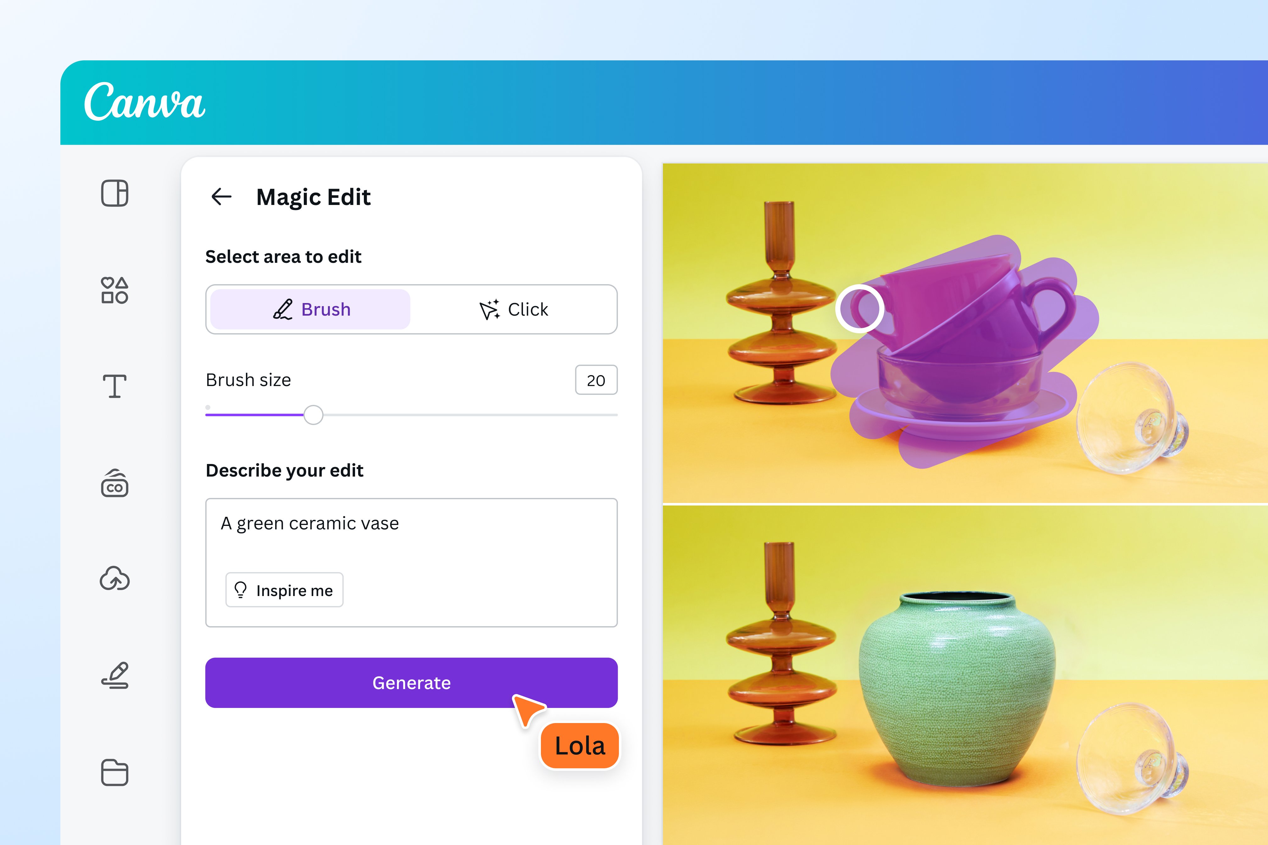Canva editor UI showing an AI-assisted Magic Edit style workflow