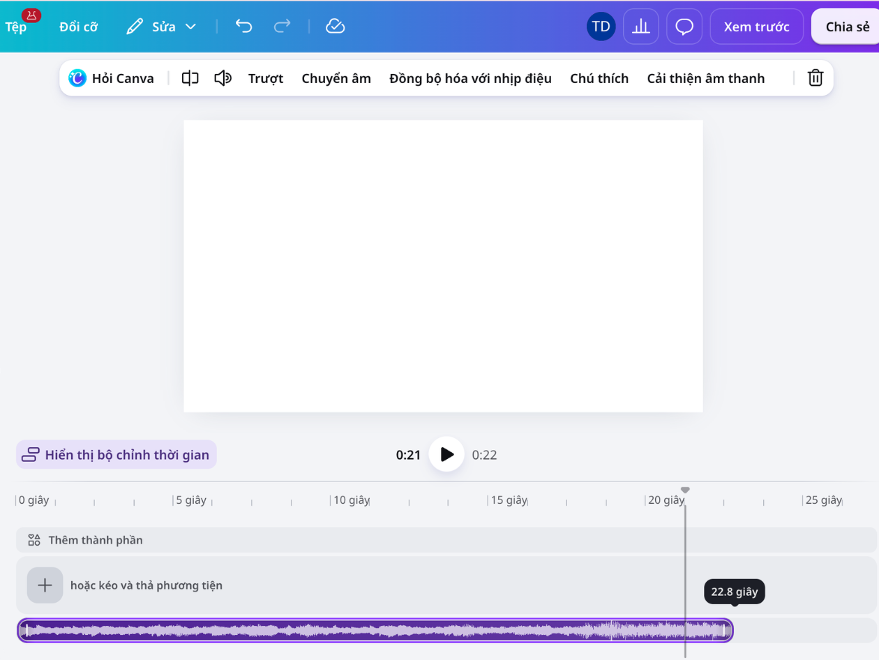 Cắt đúng đoạn MP3 Giao diện Canva cắt file MP3 để giữ lại đúng đoạn âm thanh cần dùng