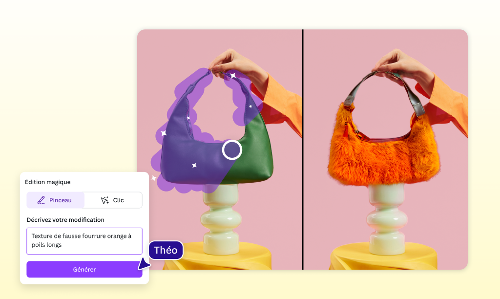 Outil de retouche par IA en train de modifier une photo d'un sac à main en cuir vert