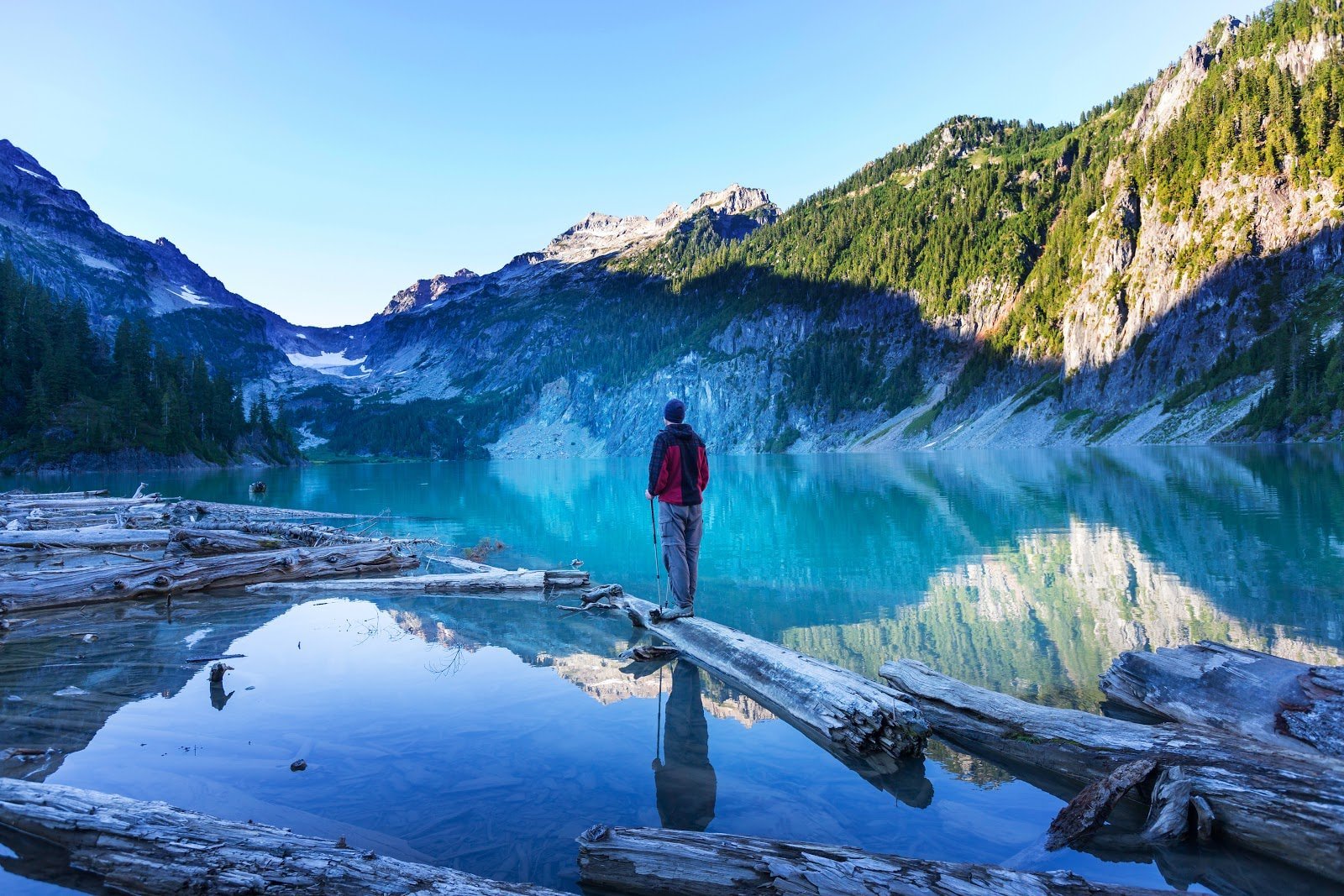 Man on mountains lake