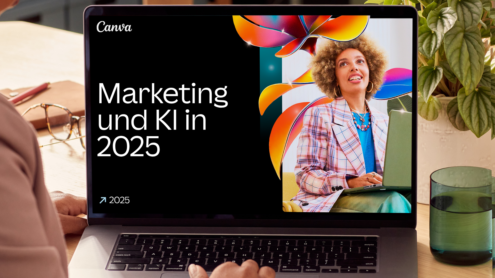 A laptop screen showing the front page of The State of Marketing and AI Report by Canva