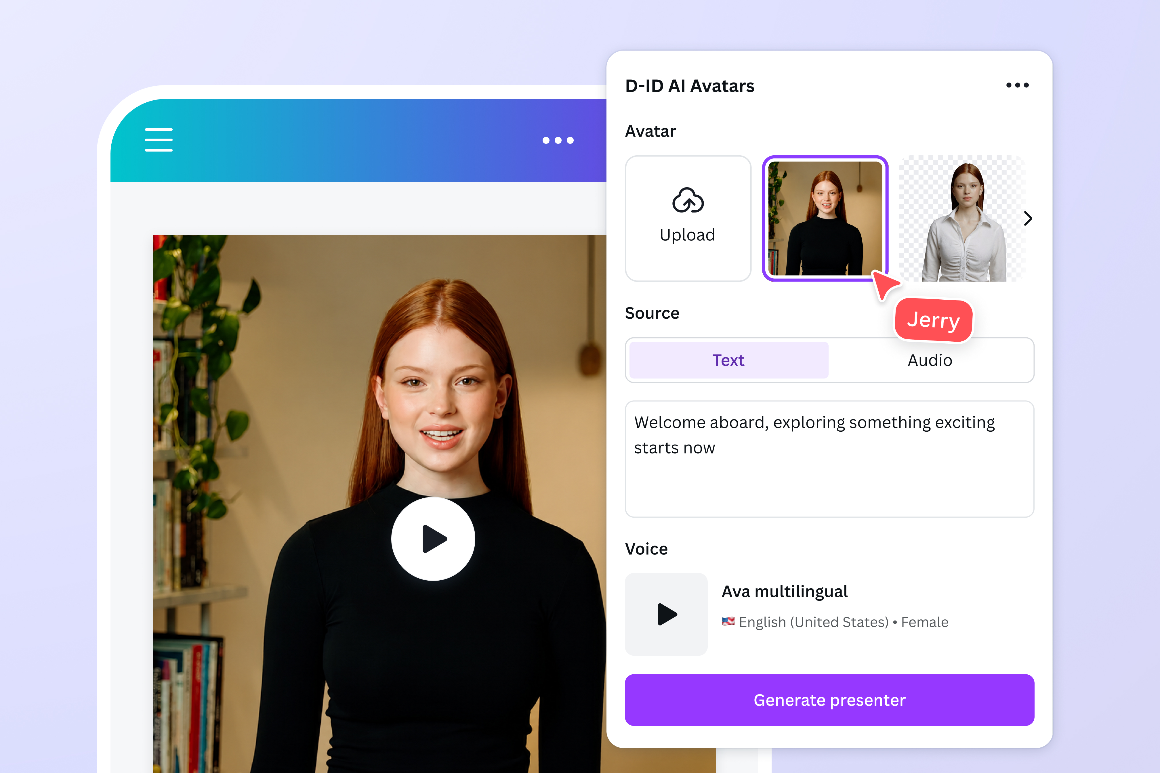 Upload or choose an AI Avatar, add your script, and choose a voice
