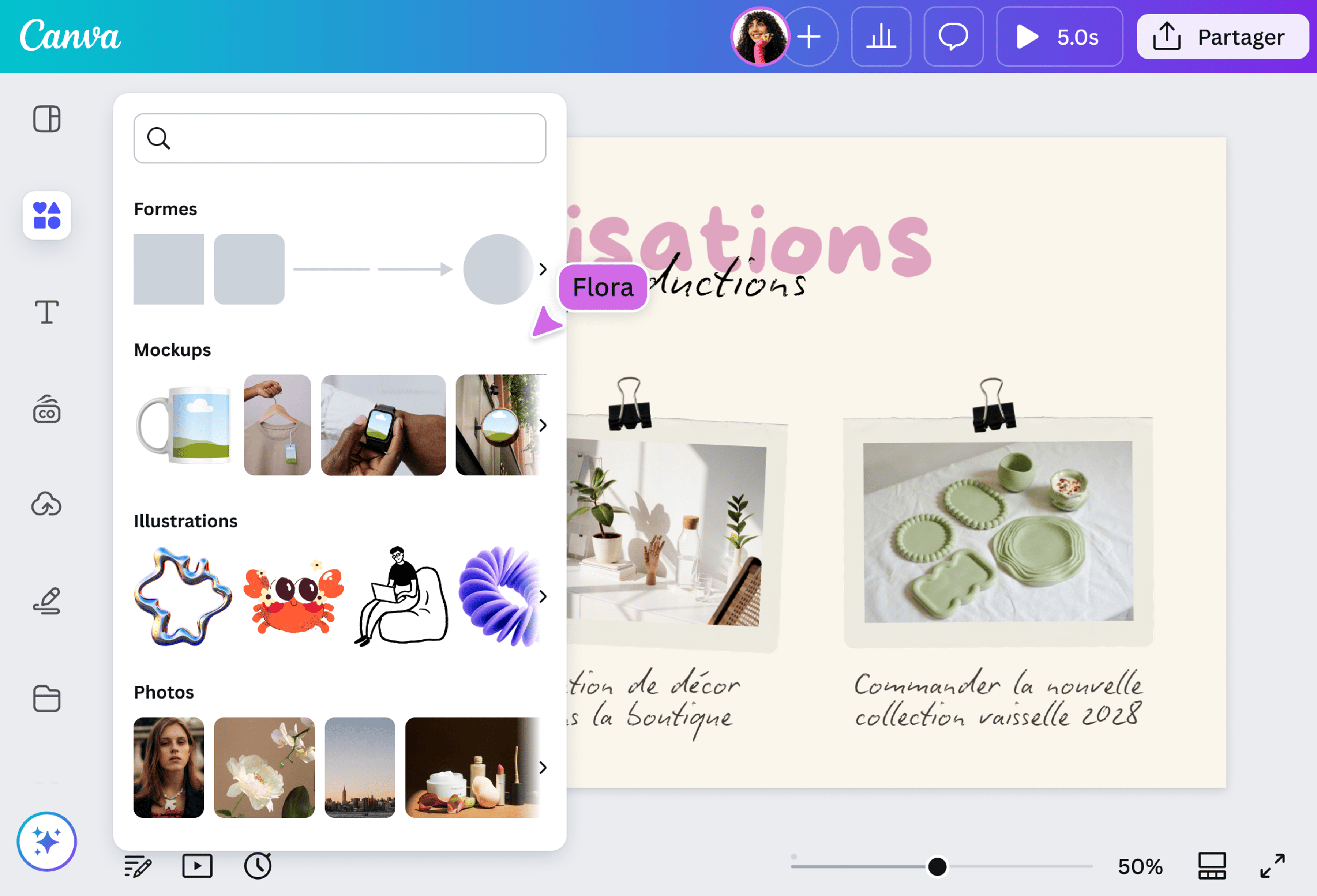 Application Canva ouverte sur mobile avec une image de fruits exotiques
