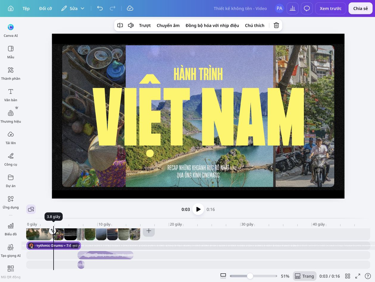 Create Music Video Lead Giao diện Canva với video Hành trình Việt Nam, nhiều cảnh và đoạn nhạc trên dòng thời gian.