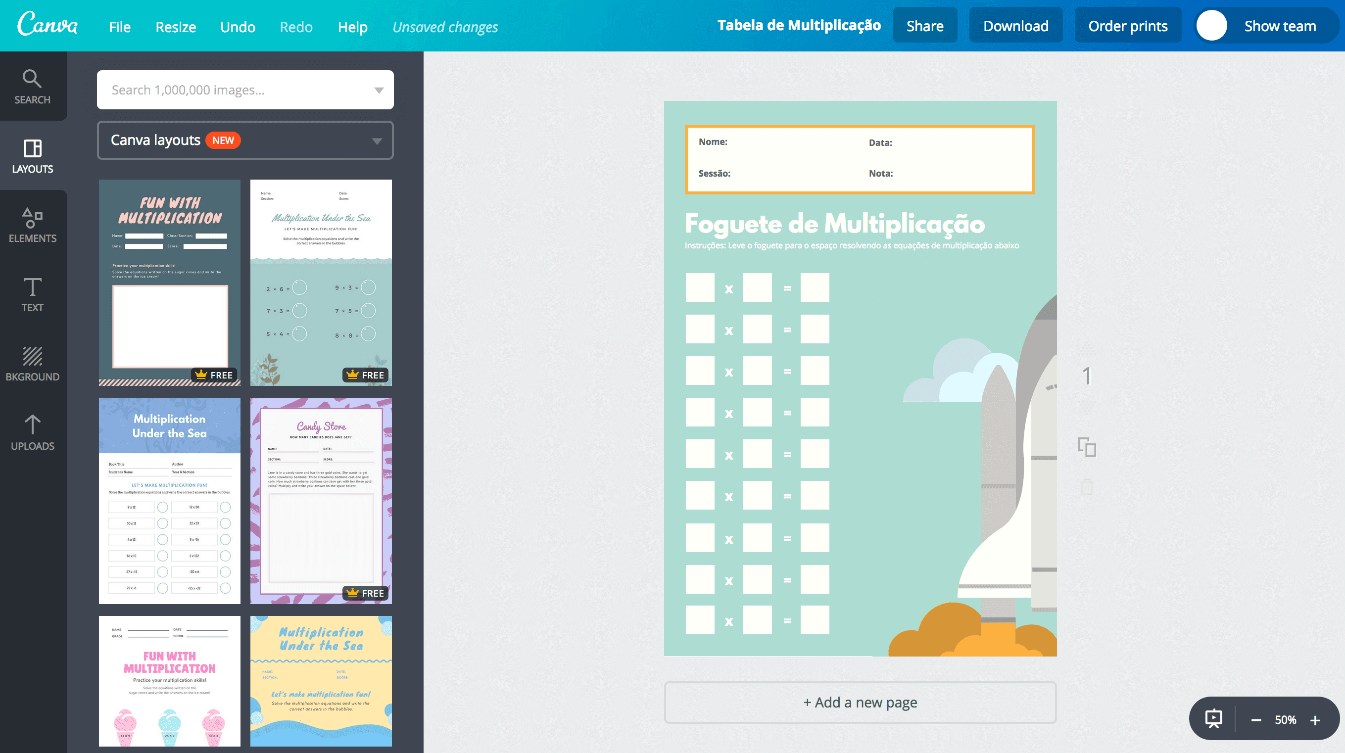 Tabela de multiplicação