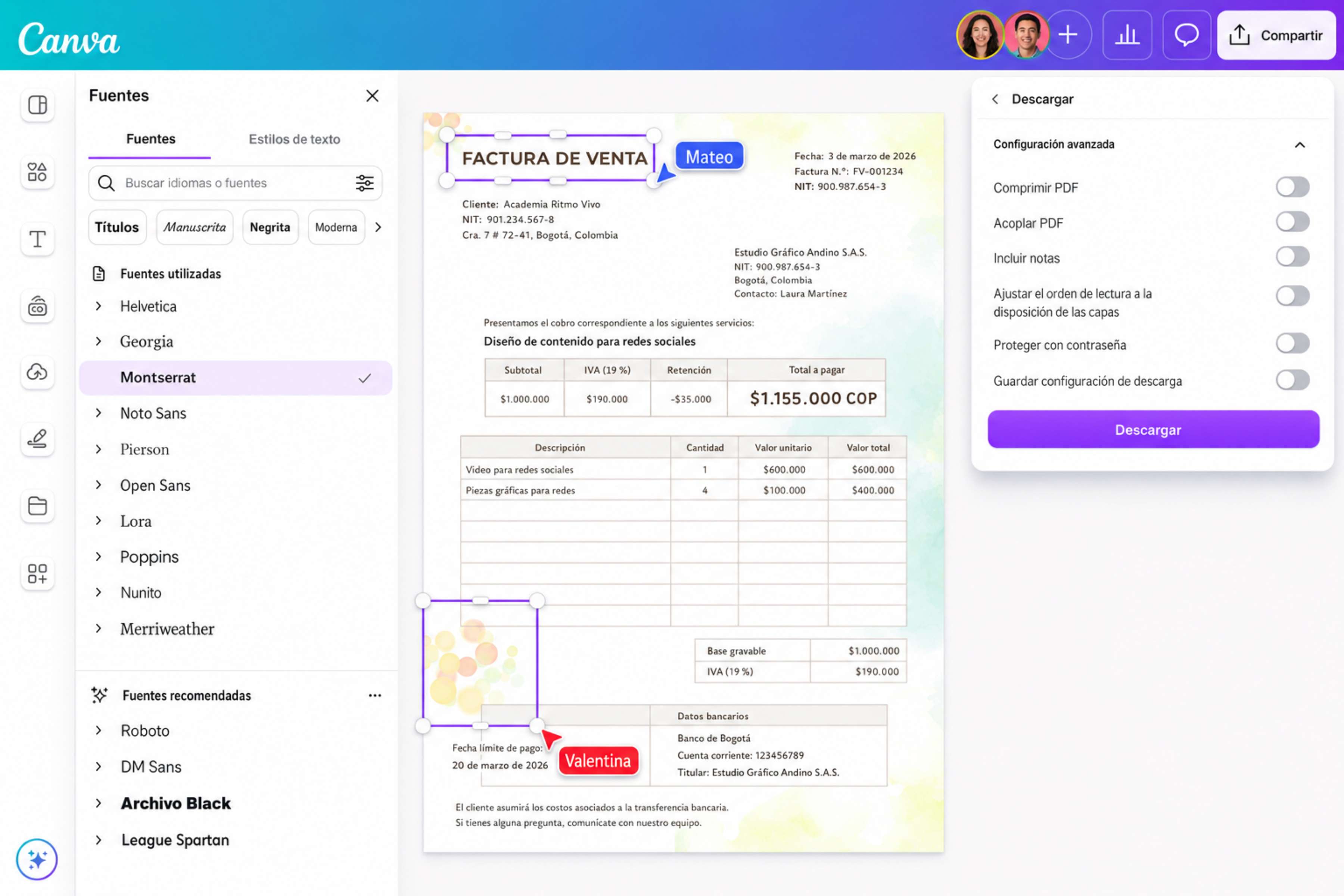 Ejemplo de factura siendo editada en Canva