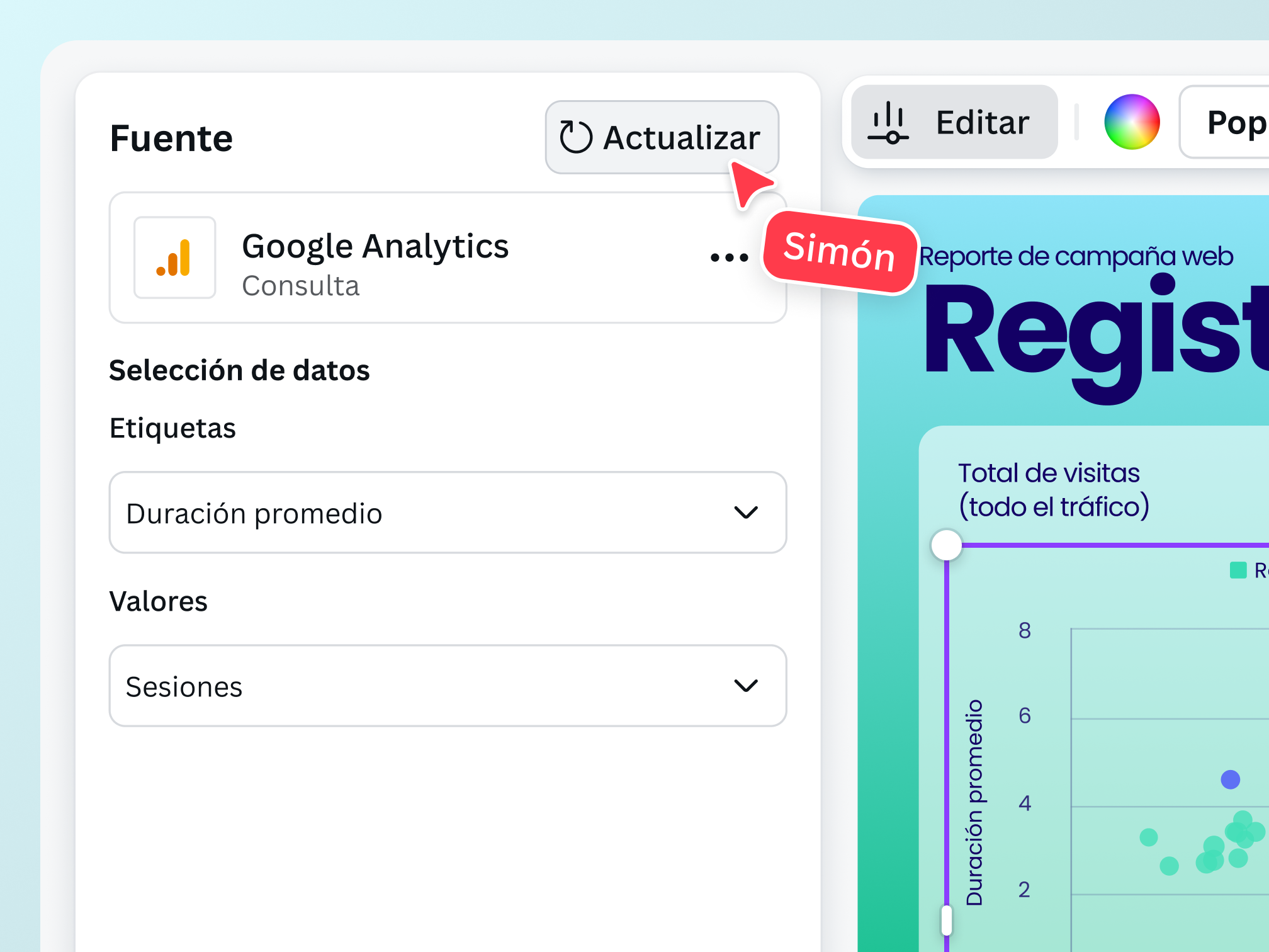 Conecta datos externos y actualiza gráficas automáticamente