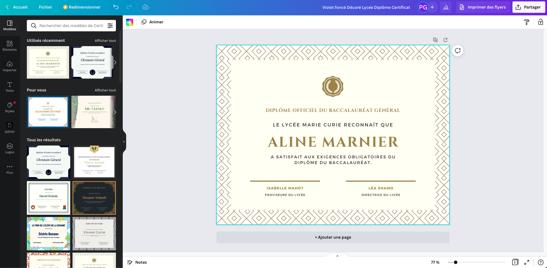 Diplôme personnalisé en cours de création sur Canva