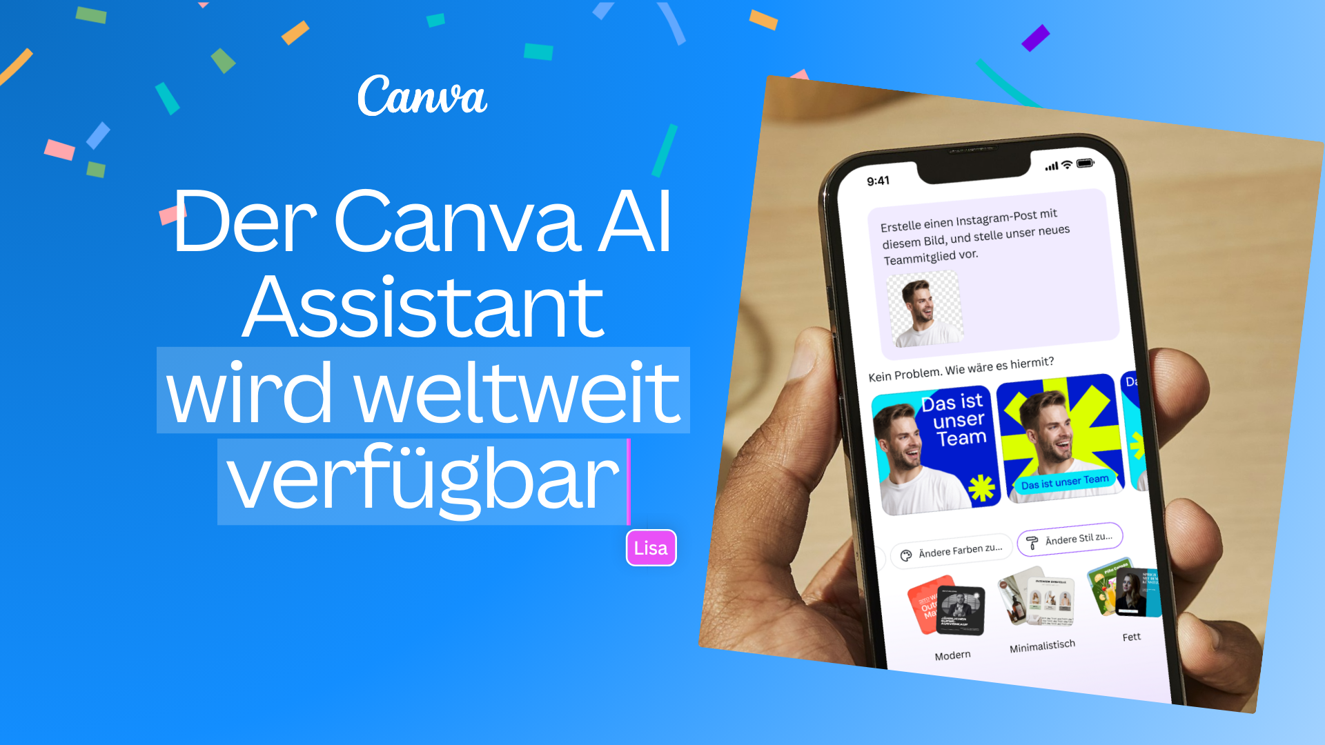 Blue thumbnail saying Canva AI assistant goes global with an image of a phone