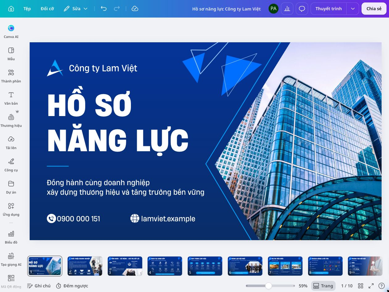 Giao diện Canva Pro hiển thị hồ sơ năng lực công ty bằng tiếng Việt với nhiều trang đã hoàn thiện Giao diện Canva Pro hiển thị hồ sơ năng lực công ty bằng tiếng Việt với nhiều trang đã hoàn thiện