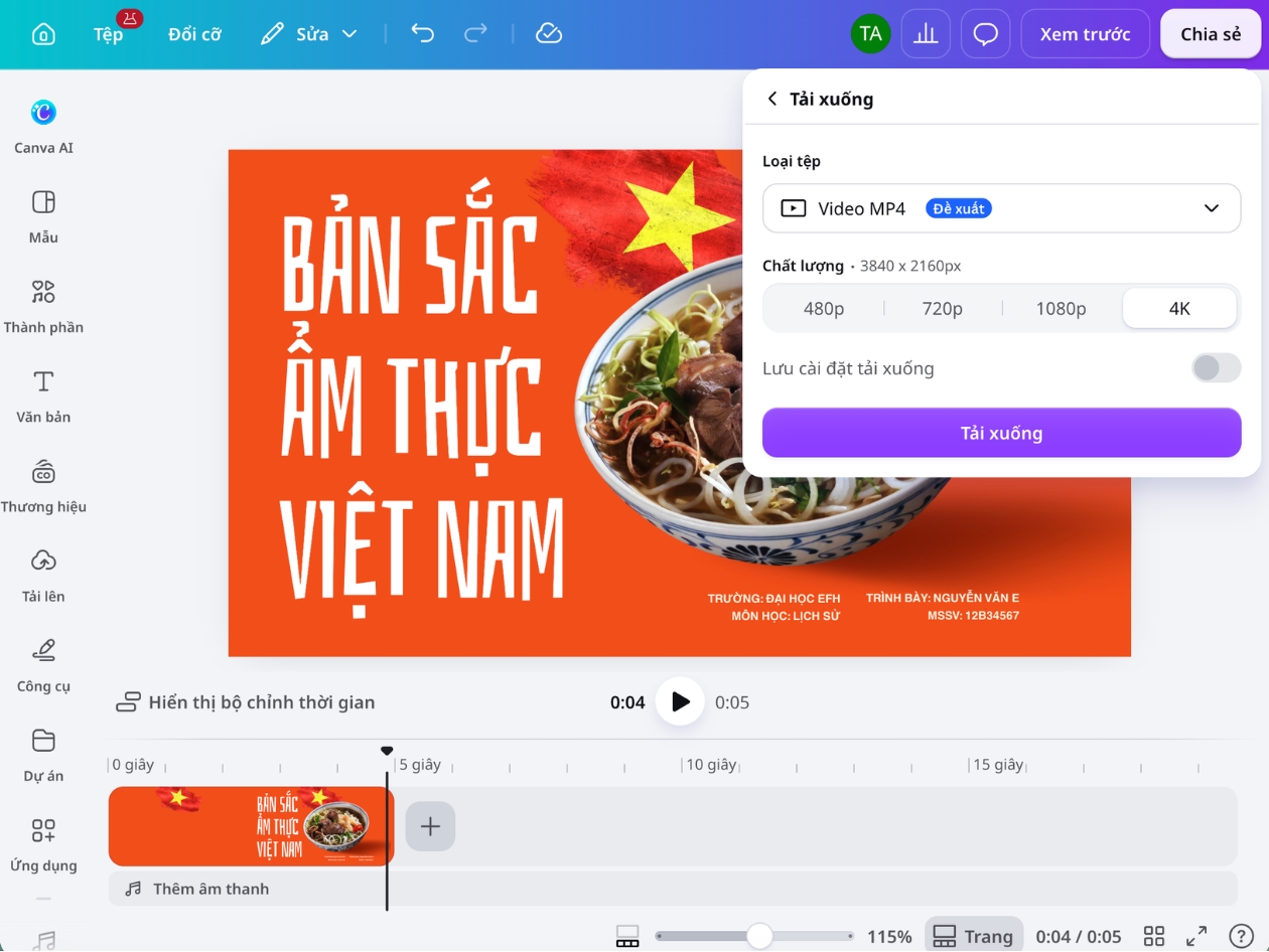 Xuất và chia sẻ video background Xem trước video background khung dọc và tùy chọn chia sẻ trong Canva