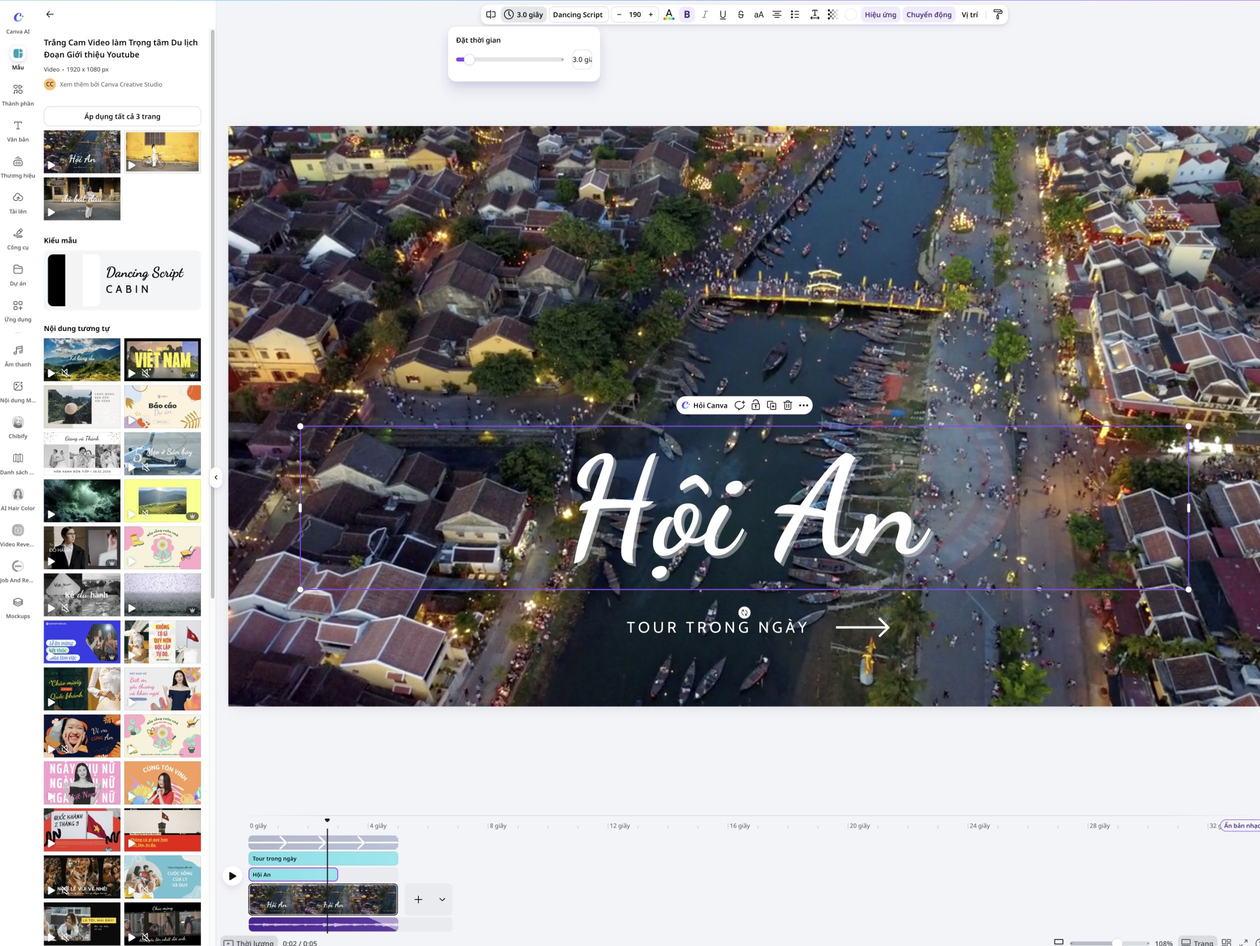 Đặt thời lượng hiển thị chữ Hội An trong video trên Canva.