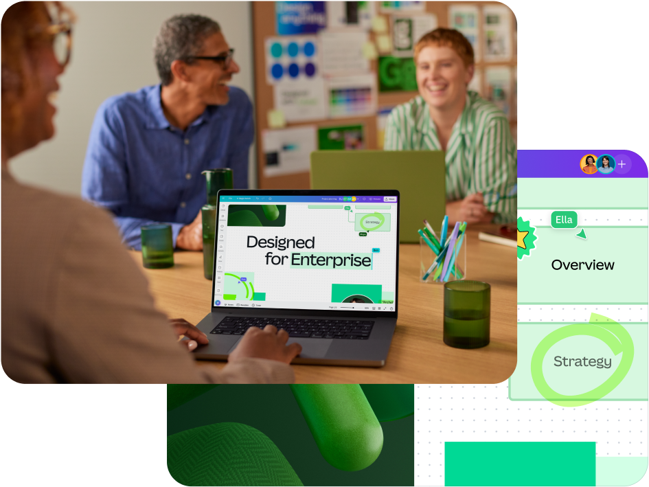 Tres oficinistas se reúnen en una mesa de juntas. A su alrededor, hay varios elementos gráficos que muestran tres nombres en cursores de colores. Estos representan cómo trabajan en equipo en un documento digital.