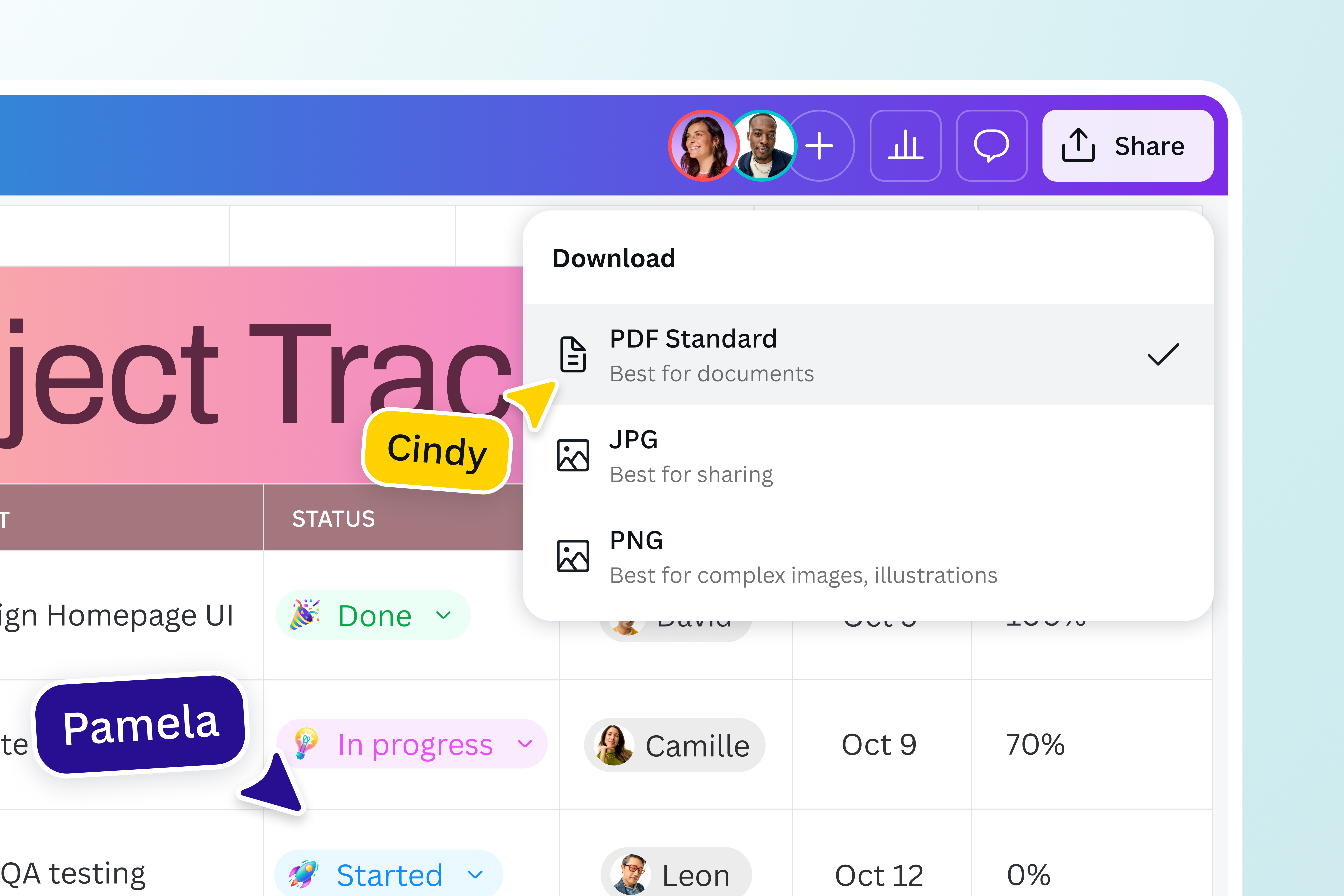 Export easily and collaborate with your team