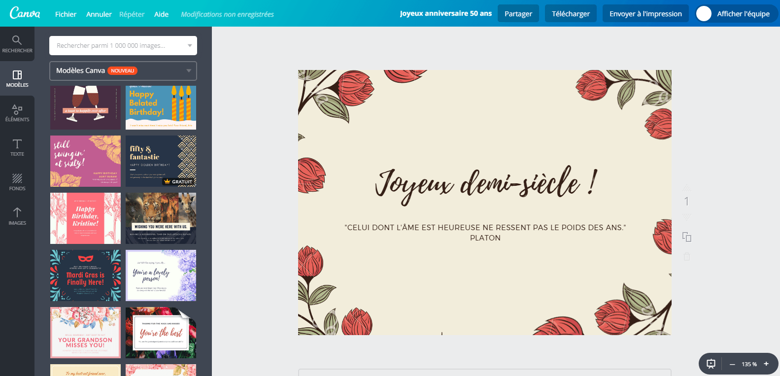 Carte d’anniversaire 50 ans en cours de personnalisation sur Canva