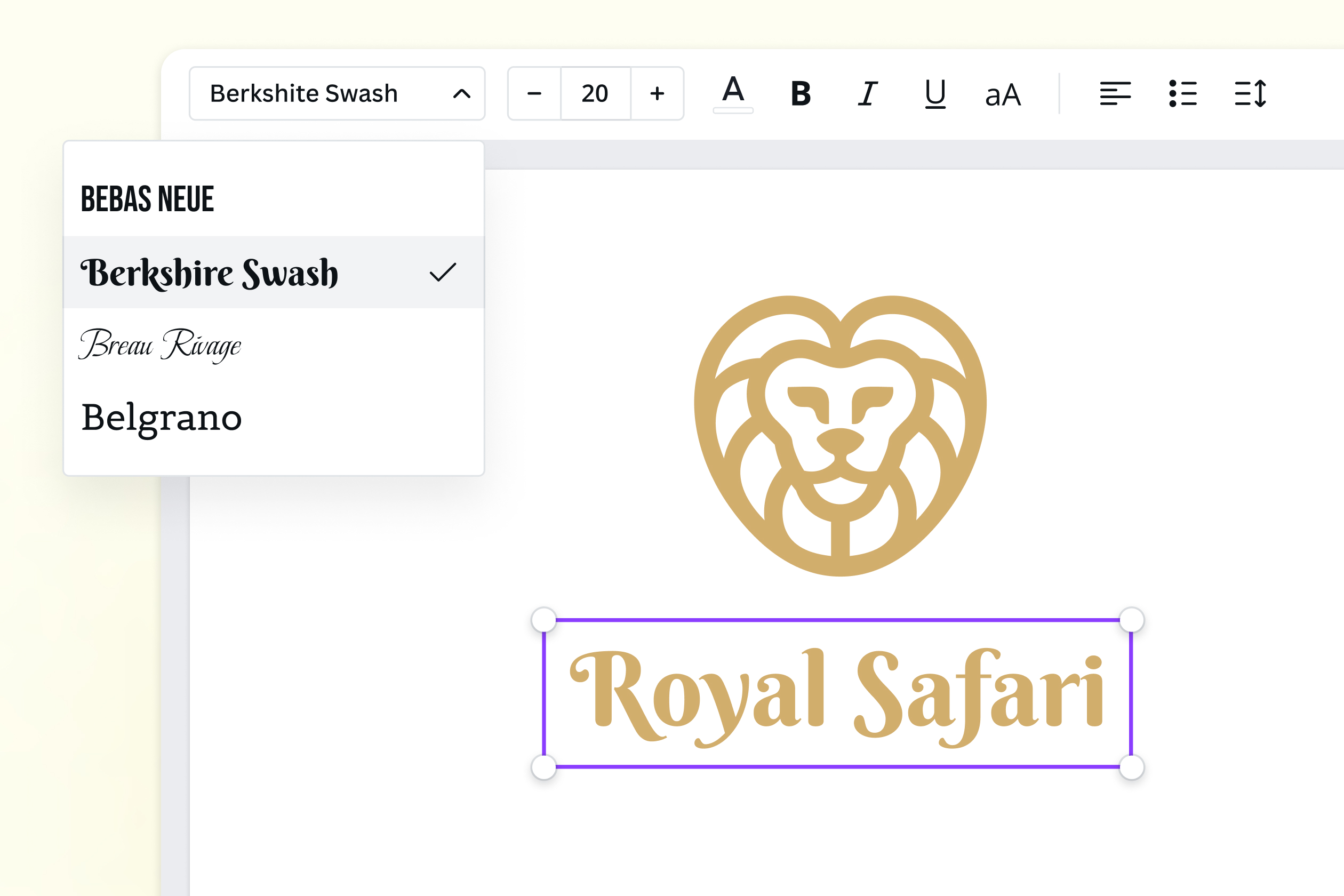 Filigrane en forme de lion avec texte en cours de modification sur Canva