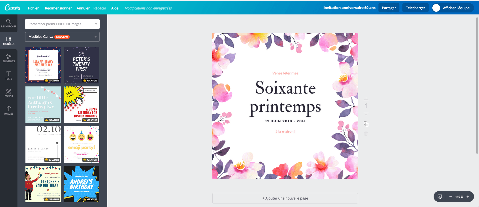 Invitation à l’anniversaire des 60 ans en cours de création sur Canva Invitation à l’anniversaire des 60 ans en cours de création sur Canva