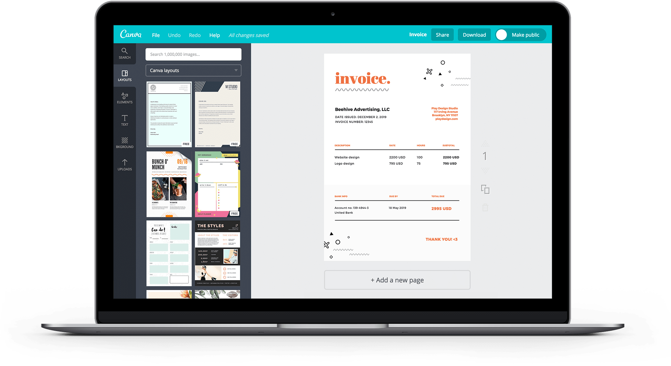 Facture en cours de création dans Canva avec un modèle personnalisable
