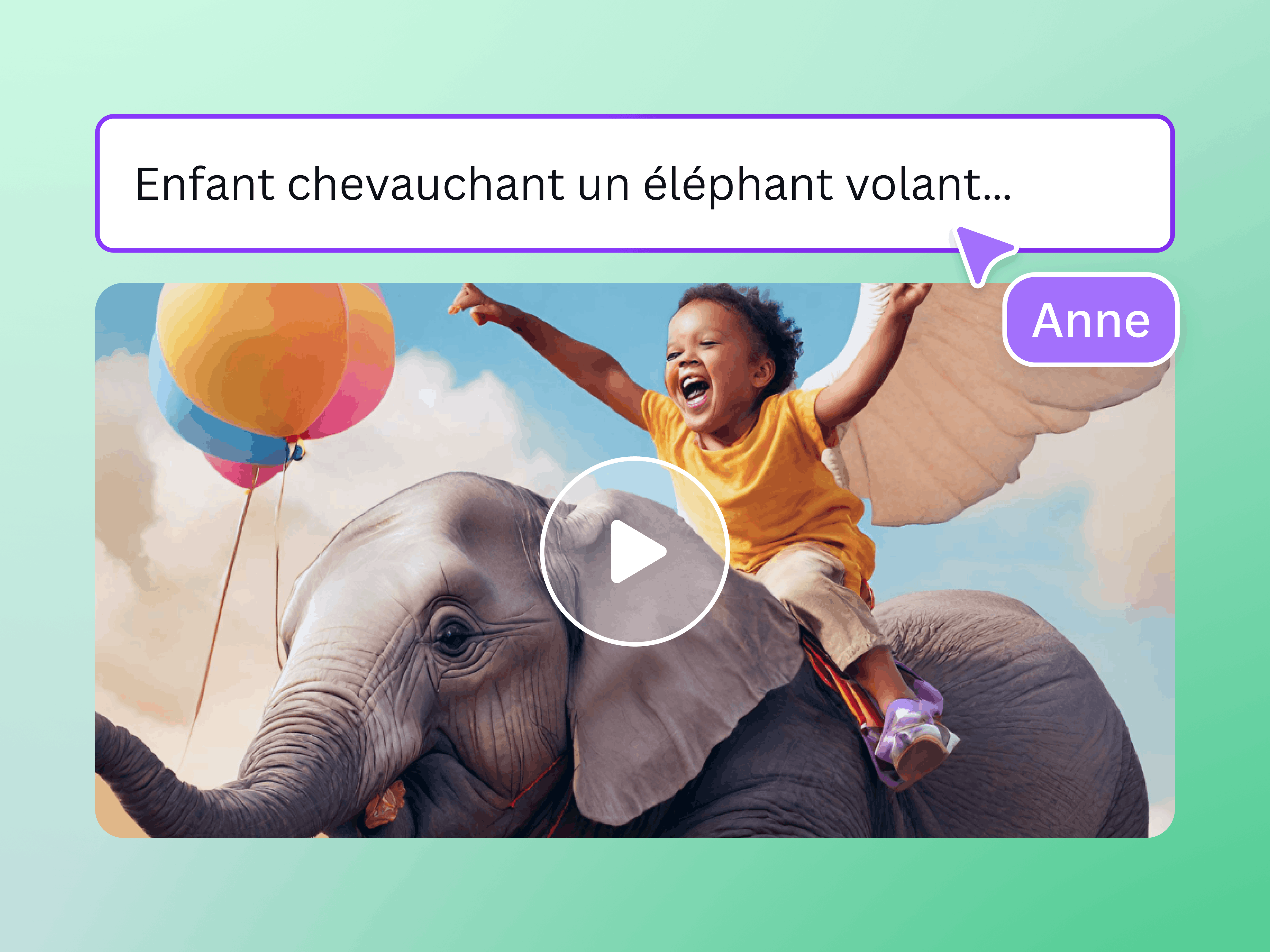 Vidéo IA d'enfant chevauchant un éléphant avec des ballons de baudruche et des nuages