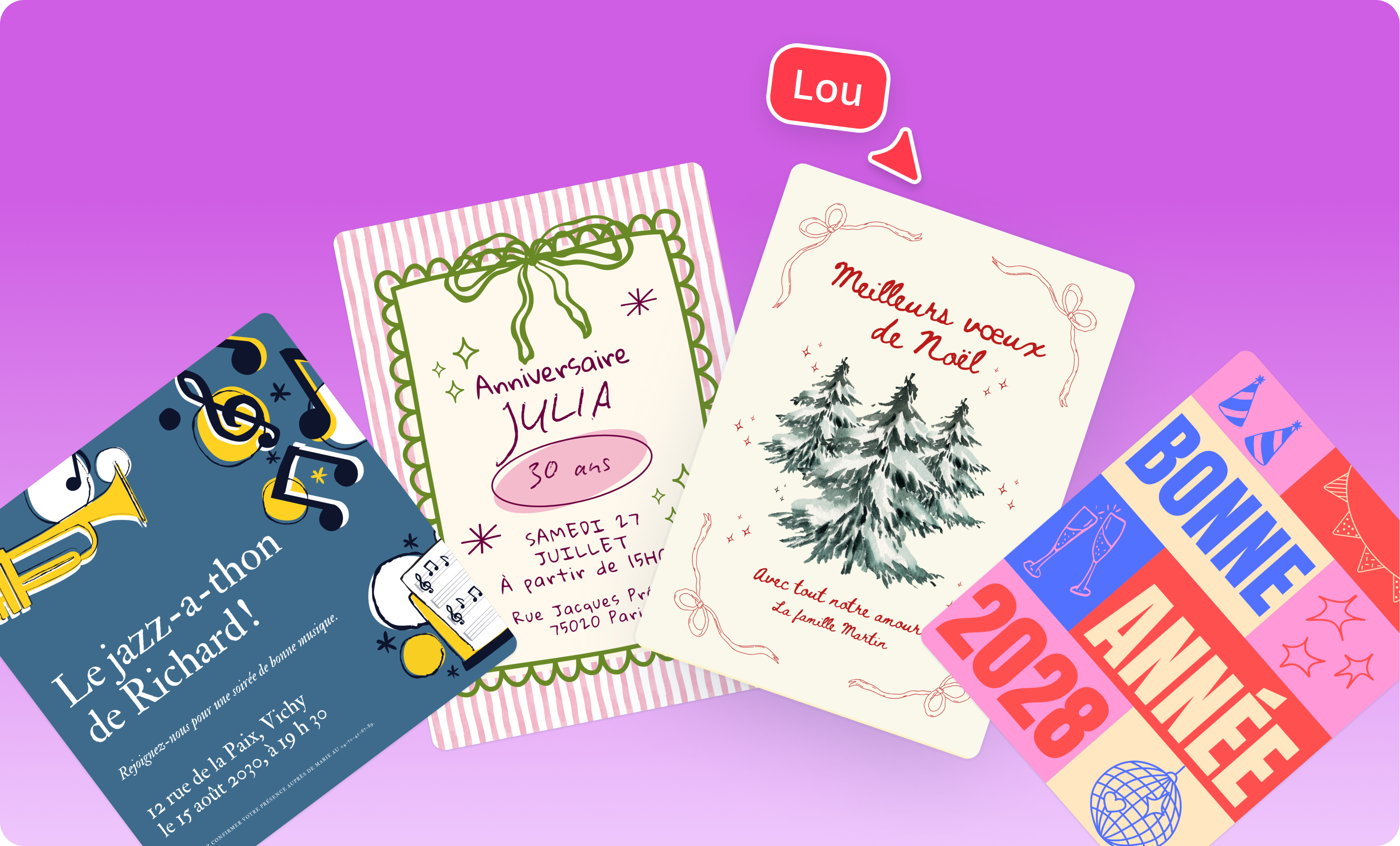 4 belles cartes personnalisées pour invitation, anniversaire, Noël et la nouvelle année, créées avec l'outil de Canva pour créer une carte