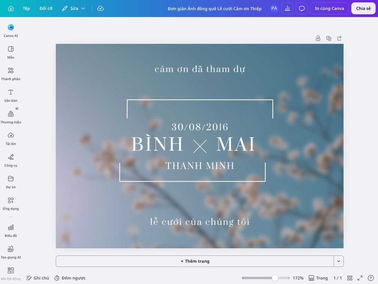 Cách thiết kế thiệp cảm ơn - Canva Thiệp cảm ơn khách dự lễ cưới với nền hoa và tên cô dâu chú rể trong Canva.