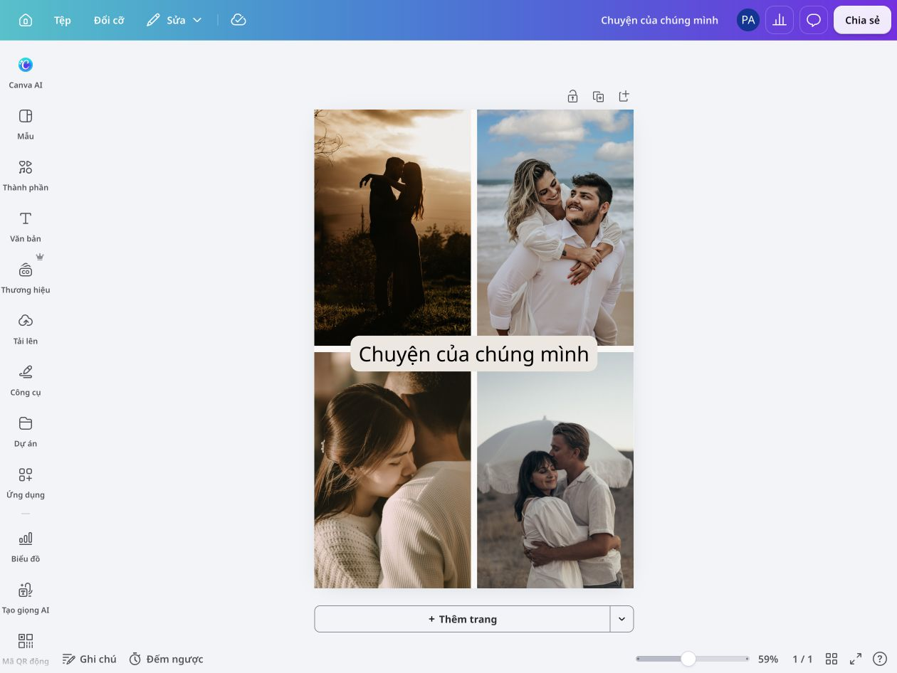 Mockup_Love Photo Collage 1-01 Giao diện Canva với ảnh ghép đôi dọc gồm bốn ảnh cặp đôi và dòng chữ “Chuyện của chúng mình”