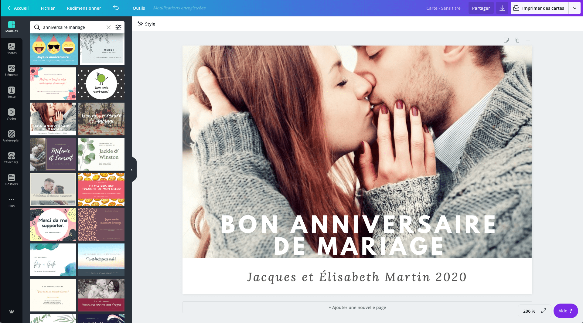 Carte d’anniversaire de mariage en cours de modification sur Canva Carte d’anniversaire de mariage en cours de modification sur Canva