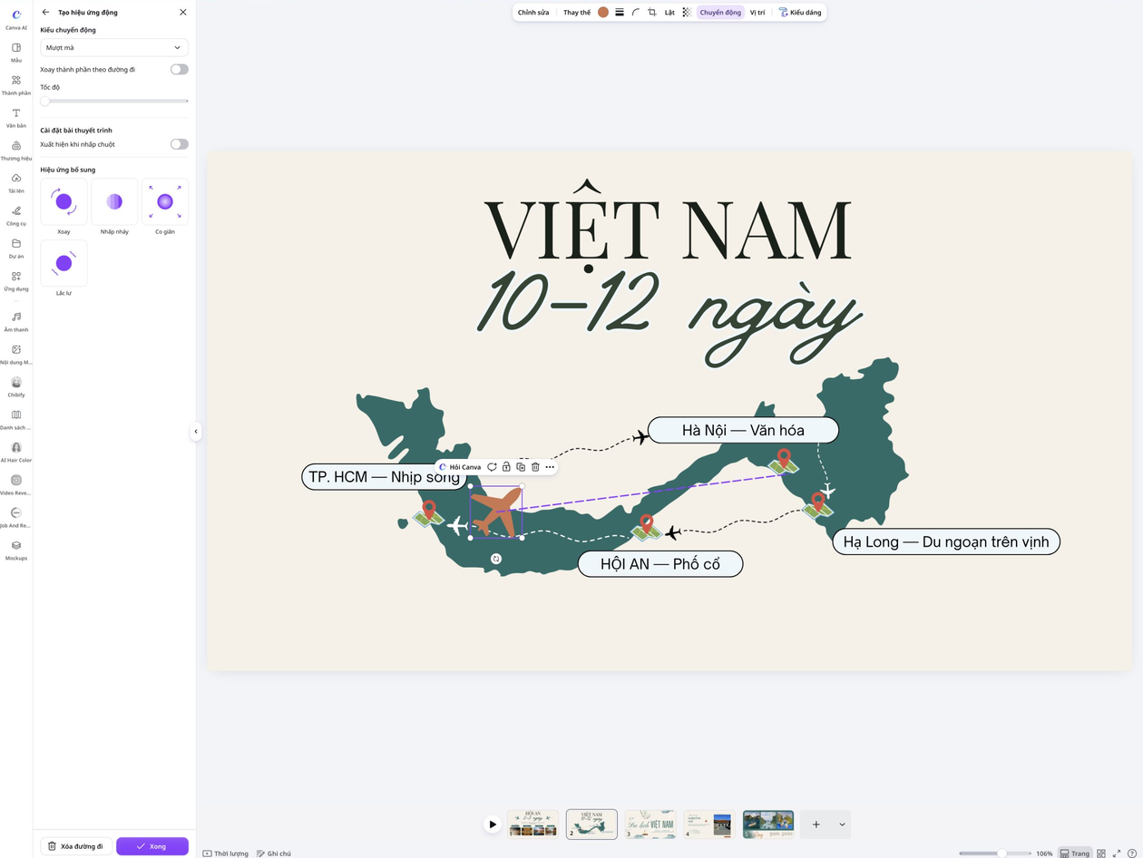 Add motion effects to your presentations Chỉnh kiểu chuyển động Mượt mà và tốc độ cho biểu tượng trên bản đồ Việt Nam