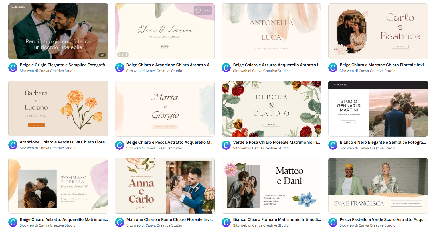Creare sito matrimonio su Canva Anteprima siti di matrimonio