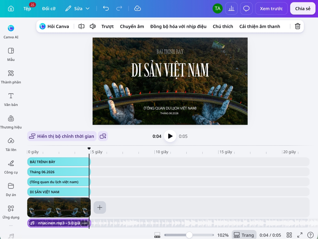 Chỉnh sửa video background trên dòng thời gian Canva Dòng thời gian Canva sắp xếp lớp video background, chữ và âm thanh