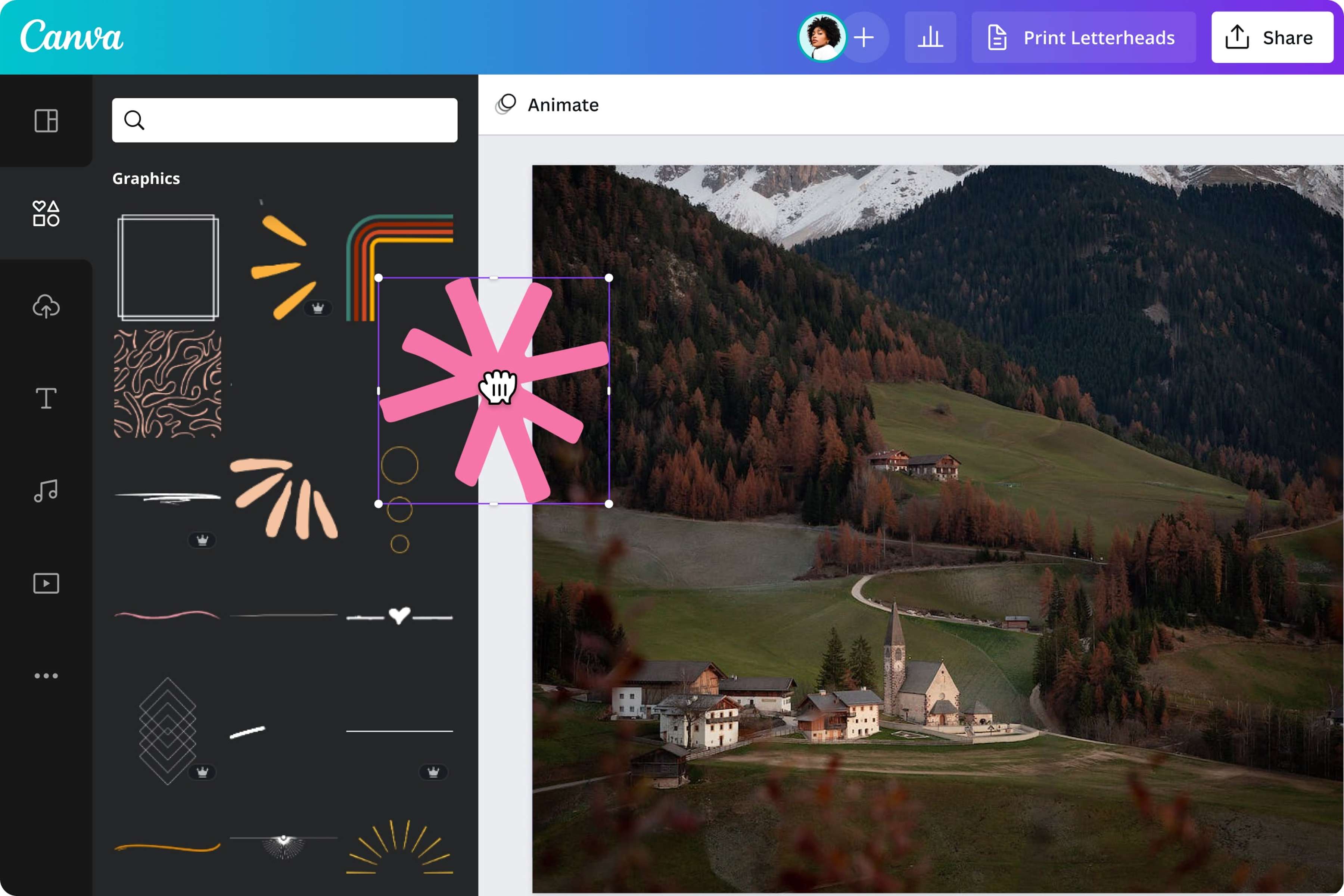 Capture d'écran de la plateforme de design Canva avec une photo sombre sur laquelle est ajoutée une image Clipart