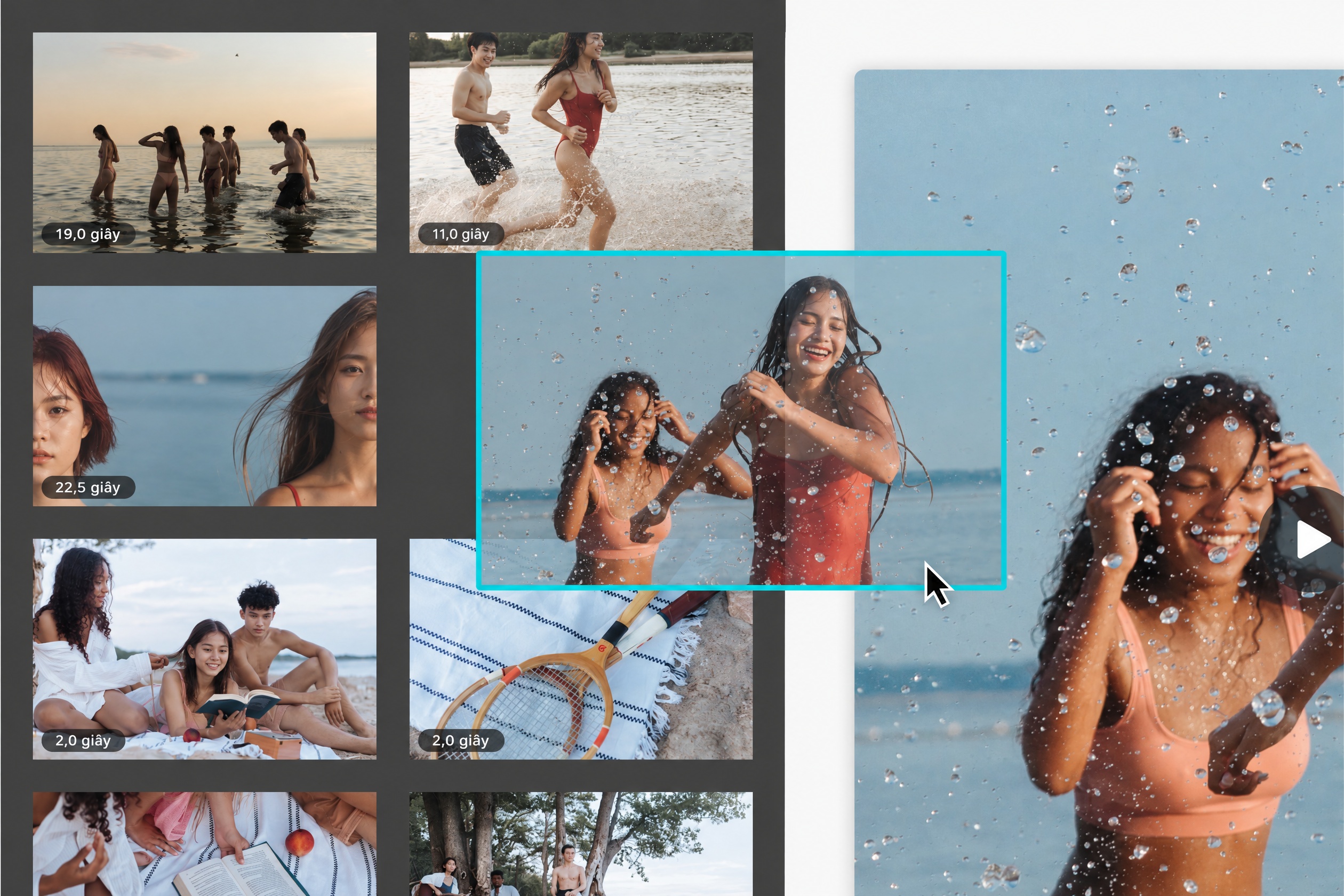 Ghép nối nhiều video trực tuyến Kéo thả clip bãi biển từ thư viện tải lên vào thiết kế video để ghép nhiều video trên Canva