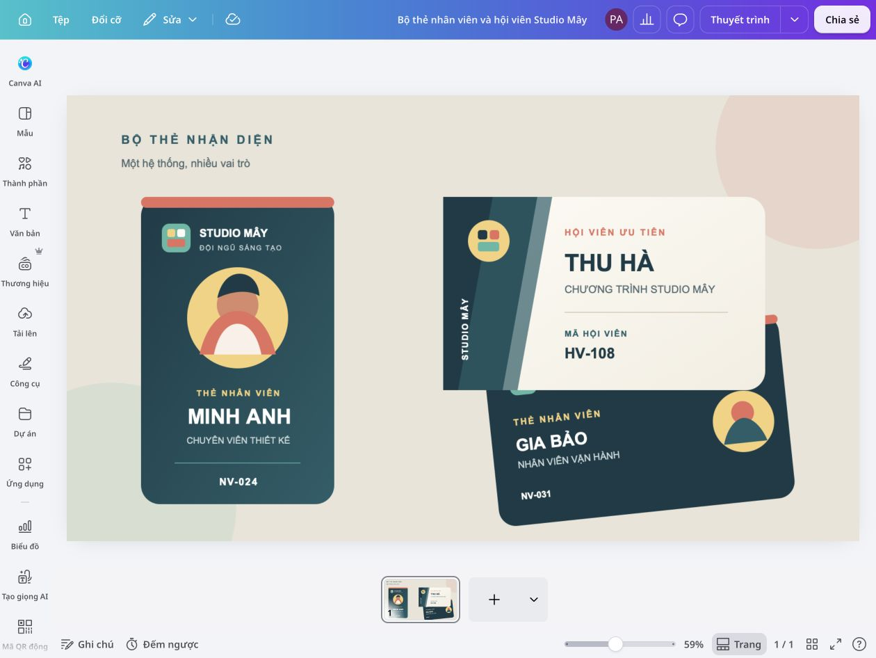 ID Landing Page Bộ thẻ nhân viên và thẻ thành viên dọc, ngang trên Canva, với ảnh đại diện, tên và thông tin nhận diện.
