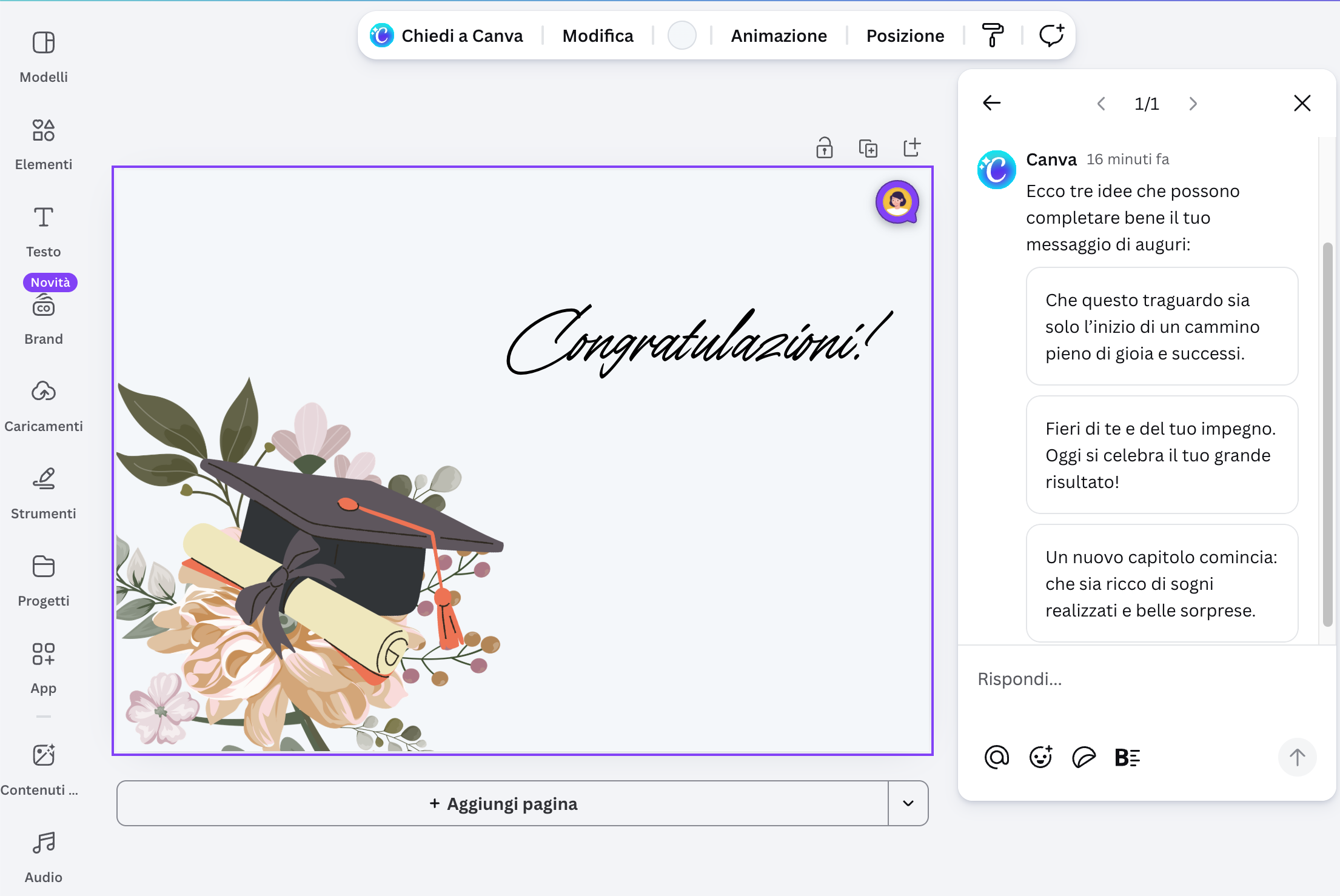 Genera congratulazioni per laurea Crea frasi e biglietti d'auguri per laurea