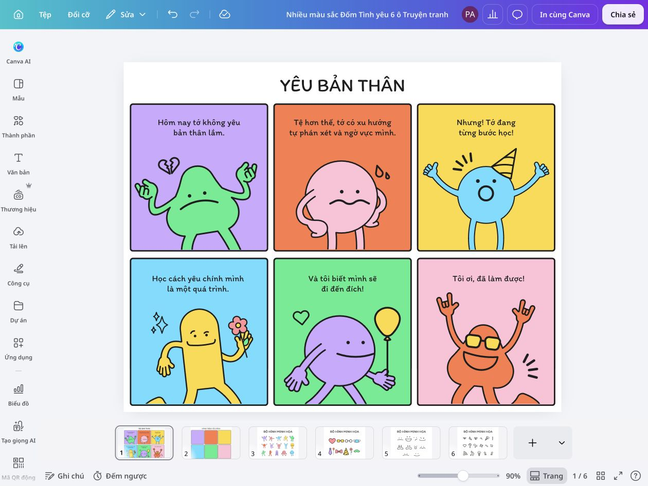 How to make a comic strip - Canva Giao diện Canva tiếng Việt hiển thị truyện tranh sáu khung nhiều màu về hành trình học cách yêu thương bản thân.