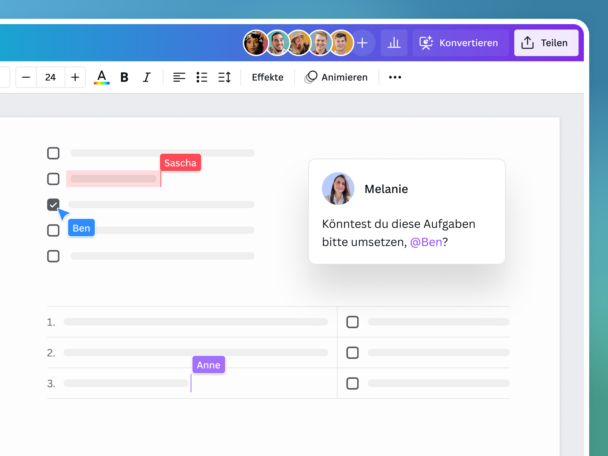 Preview of Canva Docs' real-time collaboration features