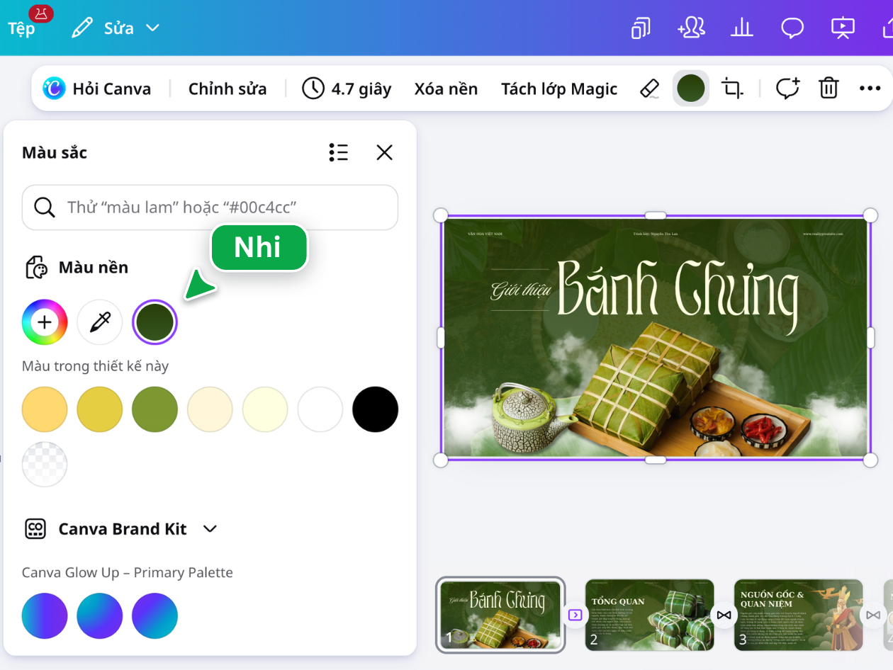 Đồng bộ màu cho thiết kế trong Canva Bảng màu trong Canva đồng bộ các màu xanh, vàng và nâu cho thiết kế Bánh Chưng.