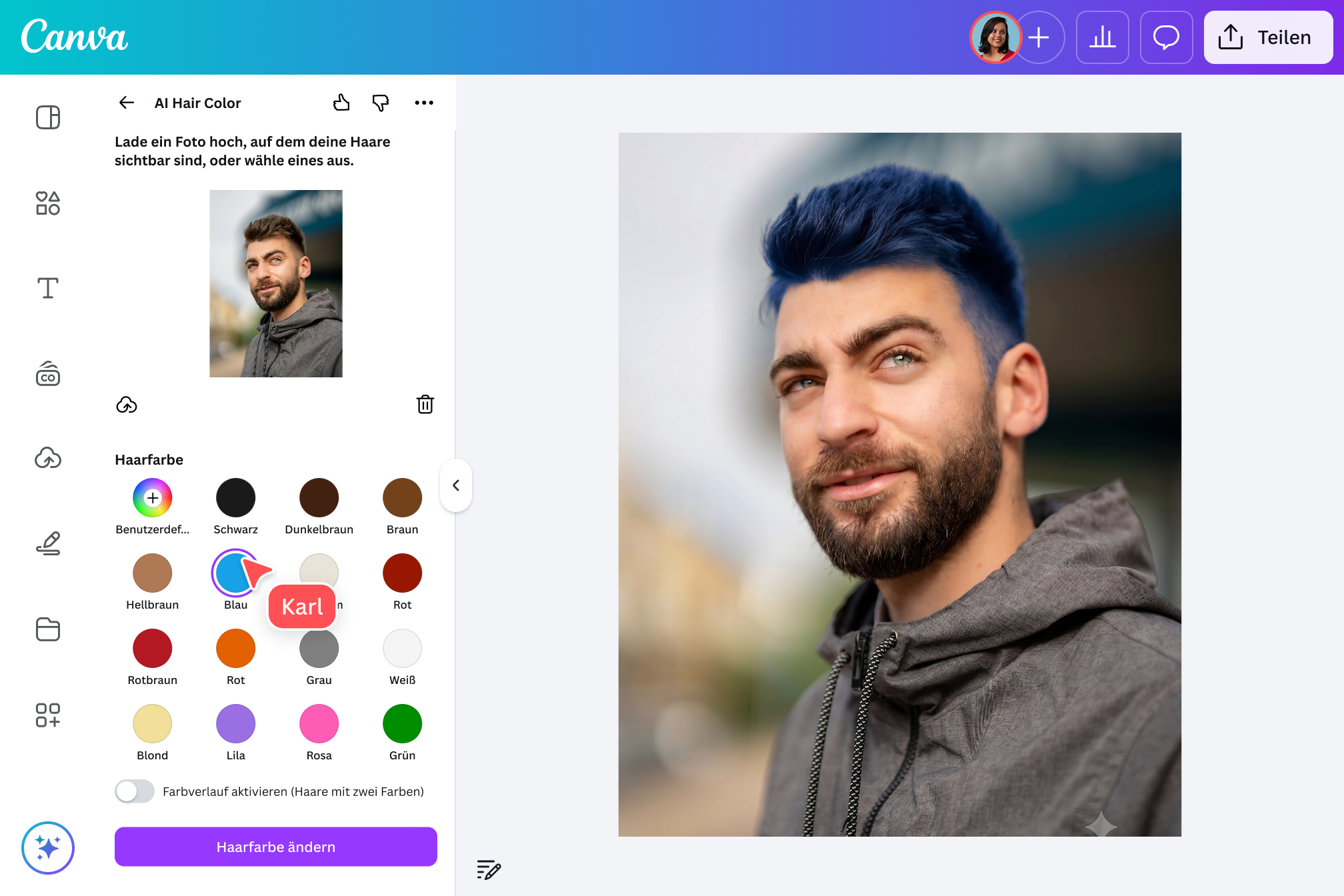 Teste eine neue Haarfarbe oder einen neuen Hairstyle mit dem KI-Frisuren-Generator von Canva Teste eine neue Haarfarbe oder einen neuen Hairstyle mit dem KI-Frisuren-Generator von Canva